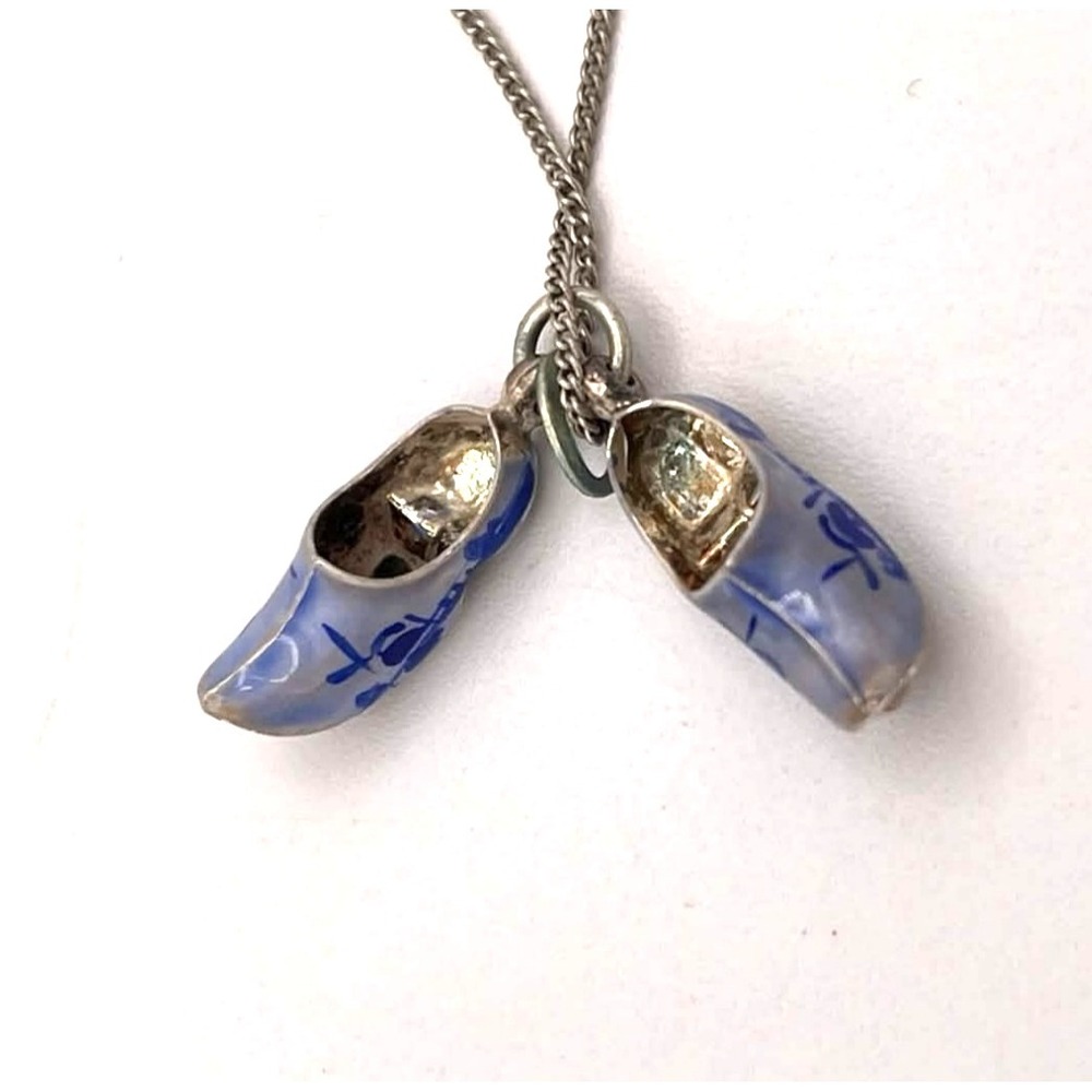 835 Silver Delft Dutch Clog Charm Necklace 16" Blue Enamel